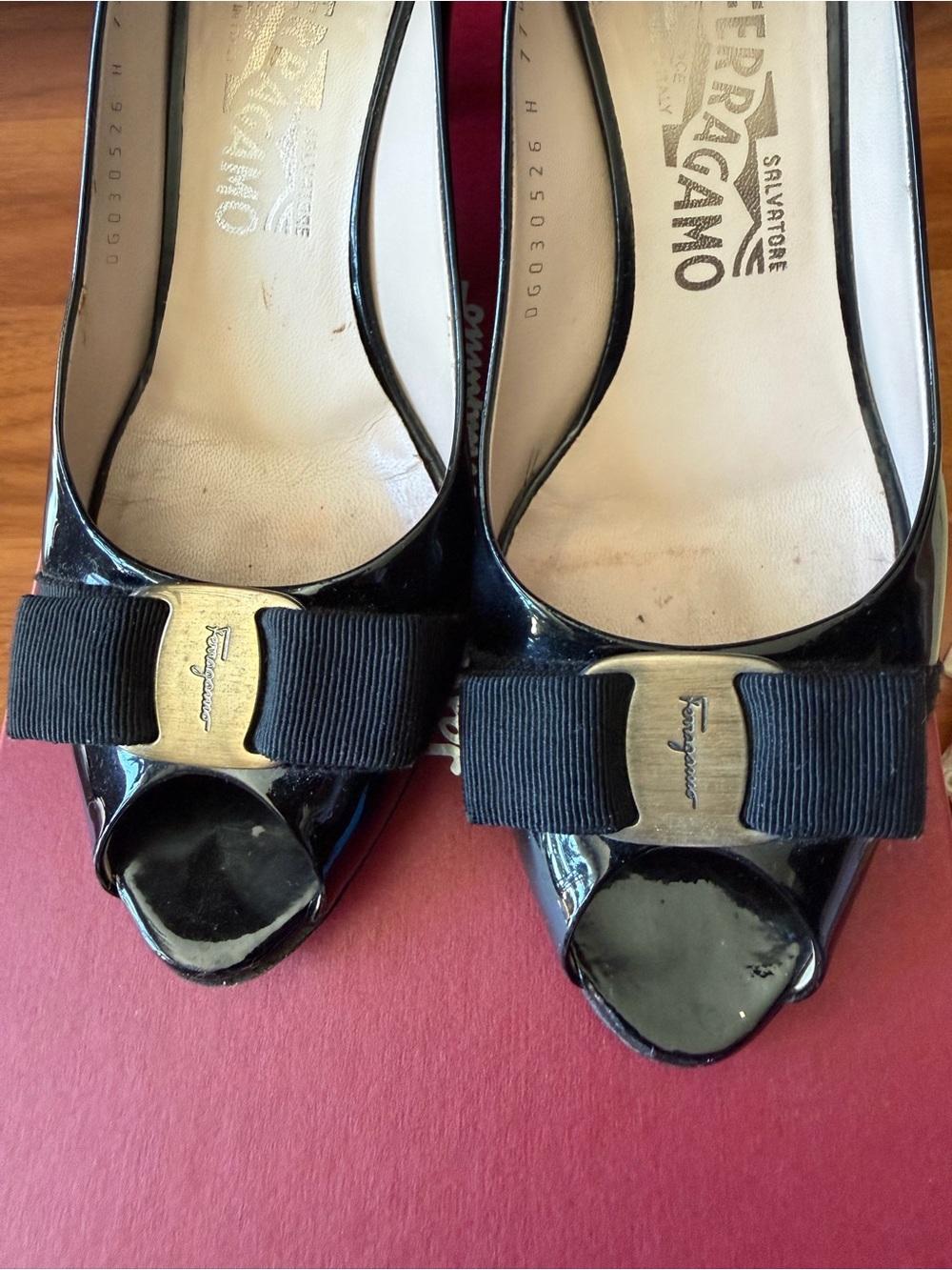 Salvatore Ferragamo Black Patent Peep-Toe Pumps with Bow size 7B - Picture 16 of 16
